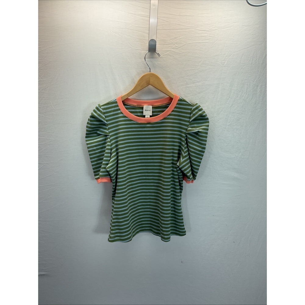 Maeve Green and Cream Striped Puff Sleeve Top with Coral Trim - Picture 2 of 10